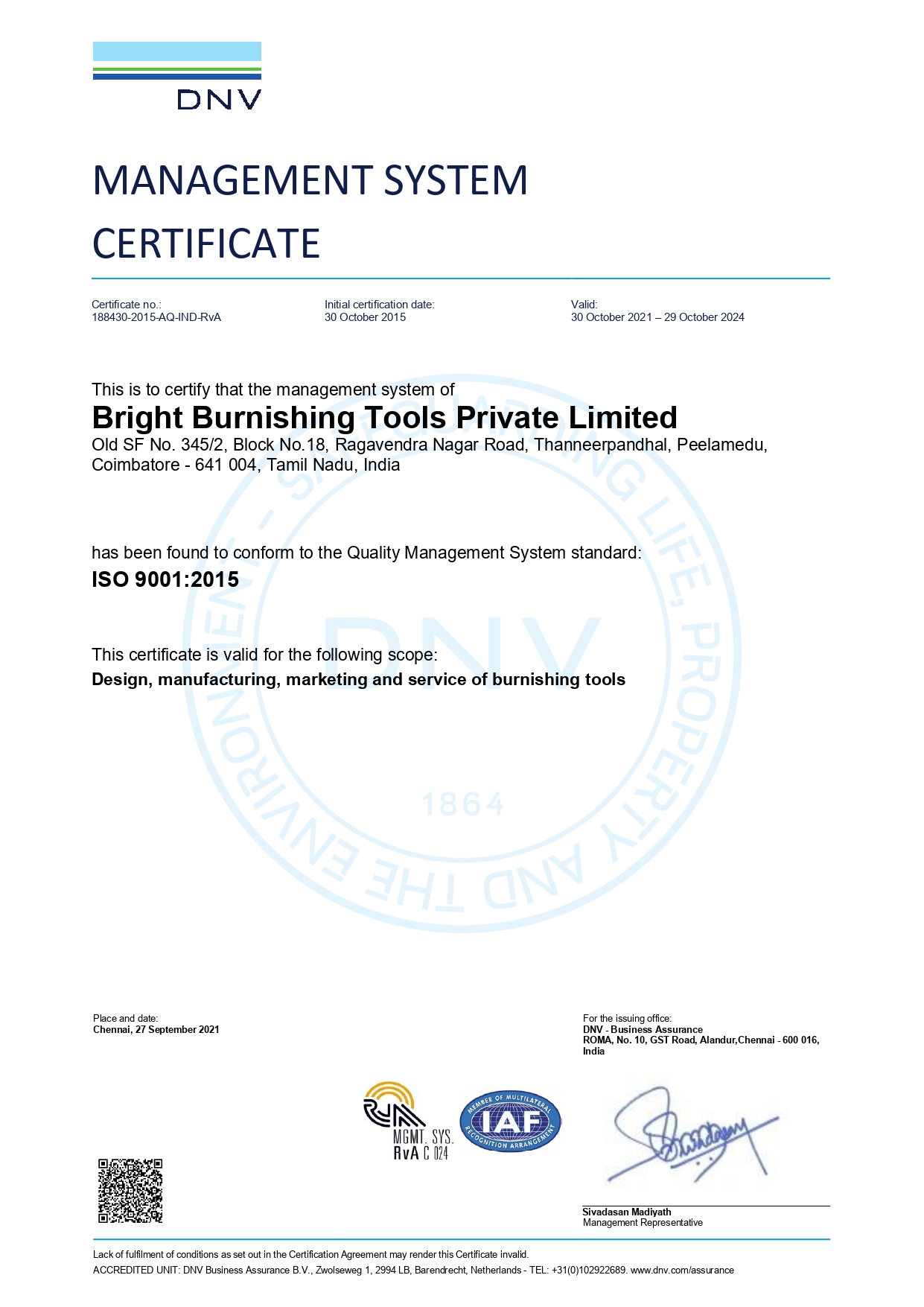 DNV ISO 9001 Certificate for Design, Manufacture, Marketing and Service of all types of burnishing tools